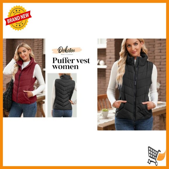 Women's Sleeveless Puffer Vest Quilted Zip Up Winter Outerwear with Pockets - Picture 7 of 8